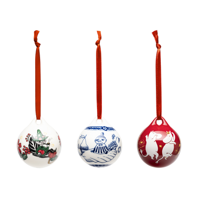 Three decorative Christmas ornaments with red ribbons on a white background