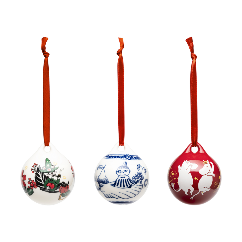 Three decorative Christmas ornaments with red ribbons on a white background