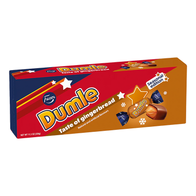 Box of Dumle gingerbread flavored candies on a white background
