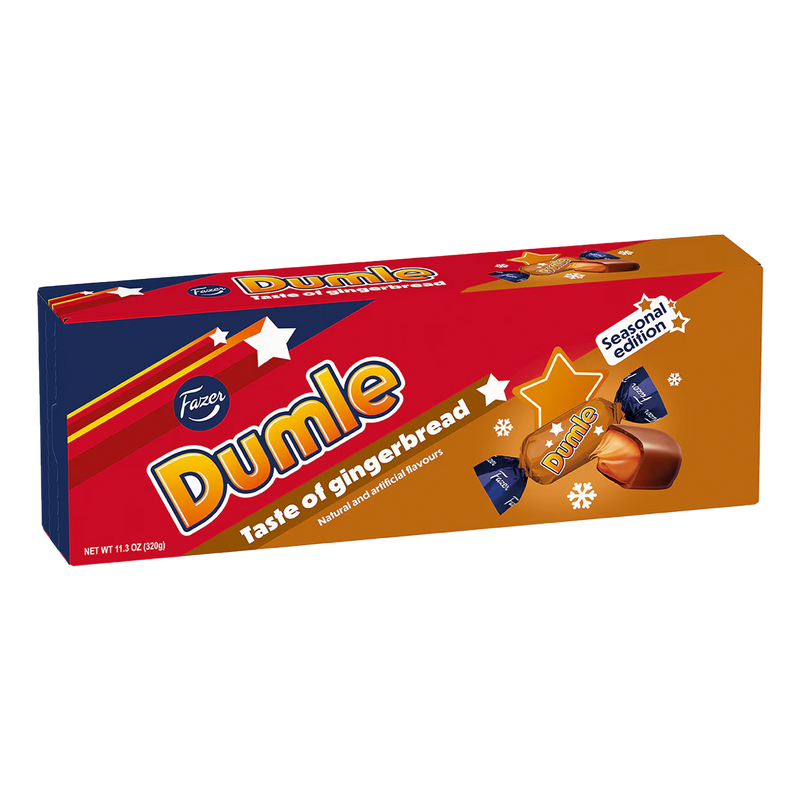 Box of Dumle gingerbread flavored candies on a white background