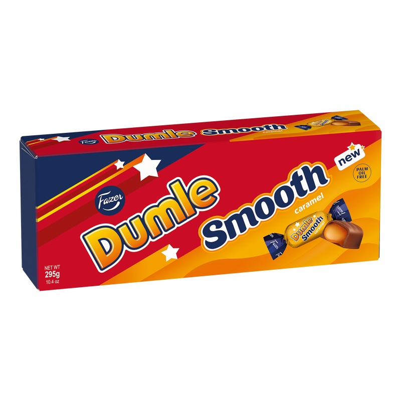 Box of Dumle Smooth caramel candy with colorful packaging on a white background