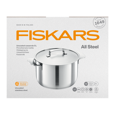 Fiskars all steel casserole pot on a white background