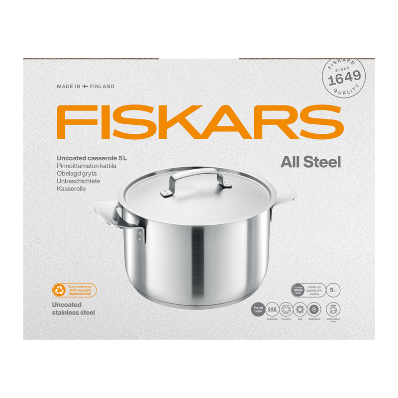Fiskars all steel casserole pot on a white background
