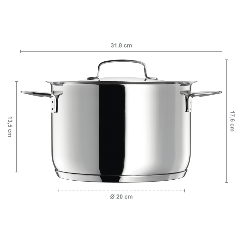 Stainless steel pot with dimensions labeled on a white background