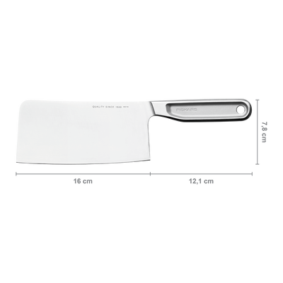 Measuring dimensions of a cleaver knife on a white background