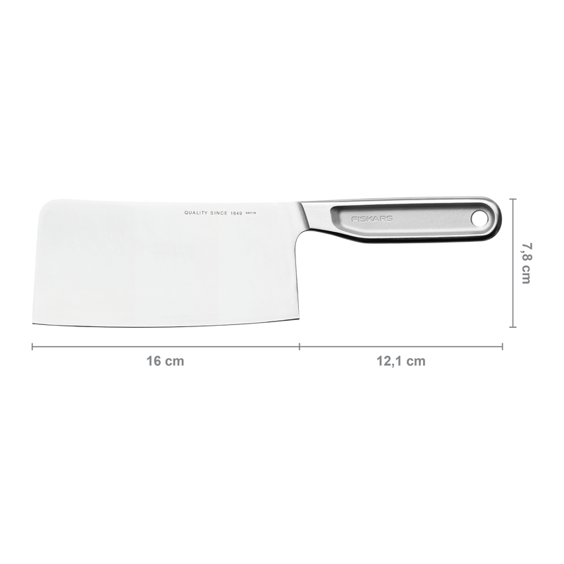 Measuring dimensions of a cleaver knife on a white background