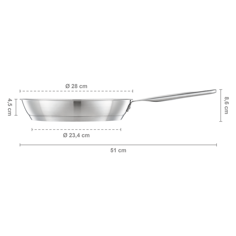 Stainless steel frying pan with dimensions labeled on a white background