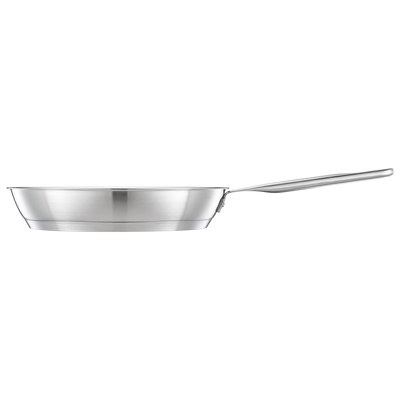 Stainless steel frying pan on a white background