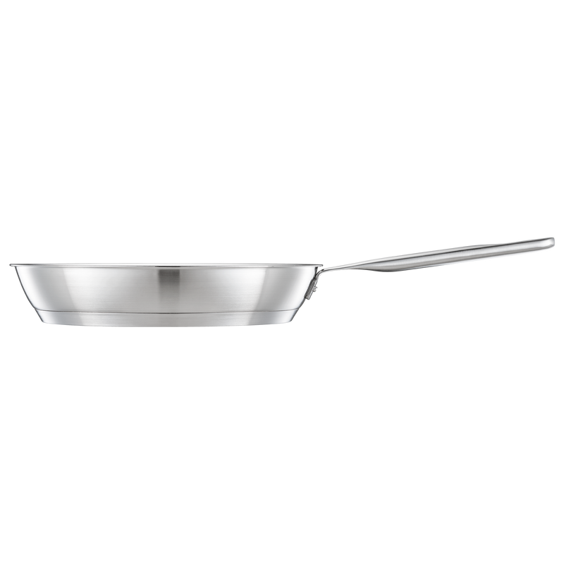 Stainless steel frying pan on a white background