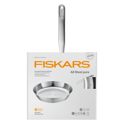 Fiskars all steel pure frying pan packaging on a white background