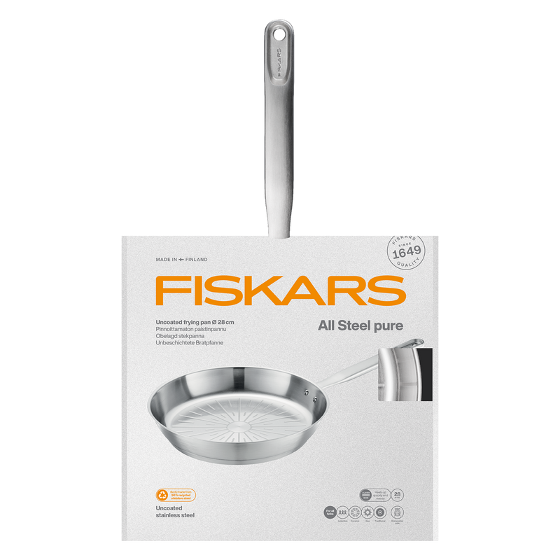 Fiskars all steel pure frying pan packaging on a white background