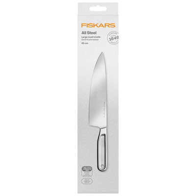 Fiskars large cook's knife packaging on a white background