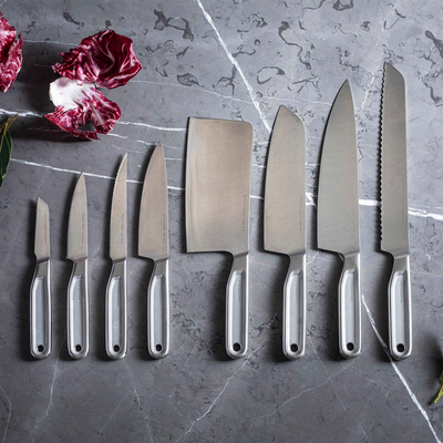 Set of kitchen knives on a gray surface with radicchio leaves.