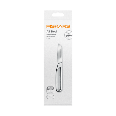 Fiskars all steel peeling knife packaging on a white background