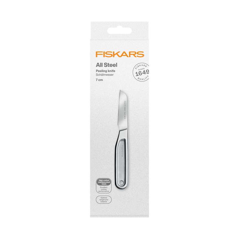 Fiskars all steel peeling knife packaging on a white background