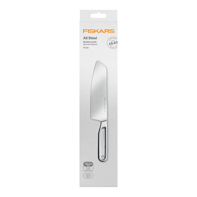 Fiskars all steel kitchen knife packaging on a white background