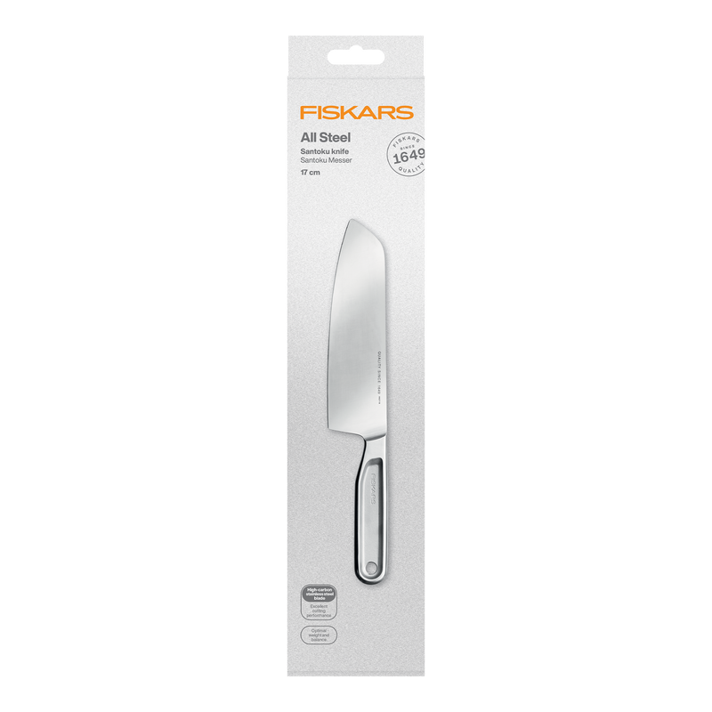 Fiskars all steel kitchen knife packaging on a white background