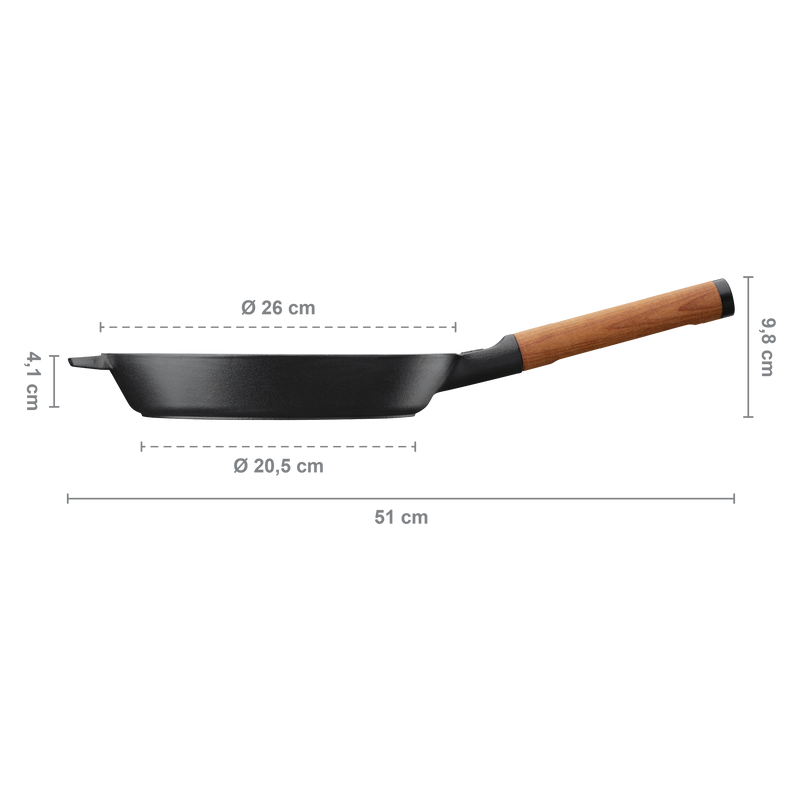 Black frying pan with wooden handle and dimensions on a white background