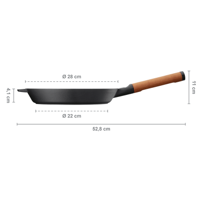 Black frying pan with wooden handle and dimensions on a white background