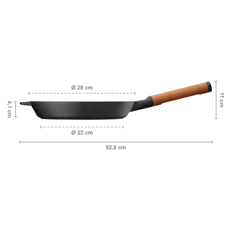 Black frying pan with wooden handle and dimensions on a white background