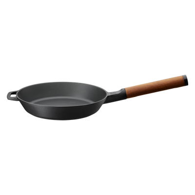 Black frying pan with a wooden handle on a white background
