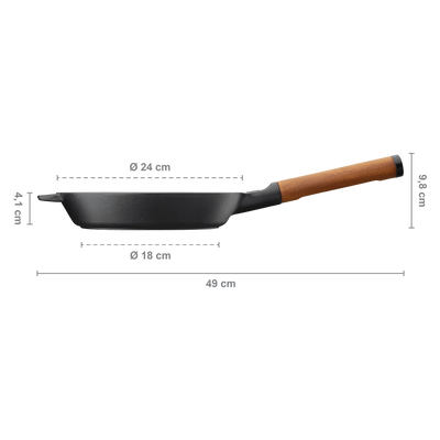 Black frying pan with wooden handle and dimensions labeled on a white background