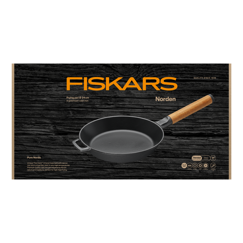 Fiskars frying pan packaging with a black background