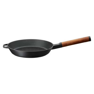 Black frying pan with a wooden handle on a white background