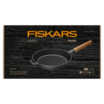 Fiskars Norden grill pan packaging with black background