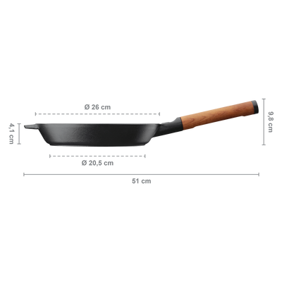 Black frying pan with wooden handle and dimensions labeled on a white background