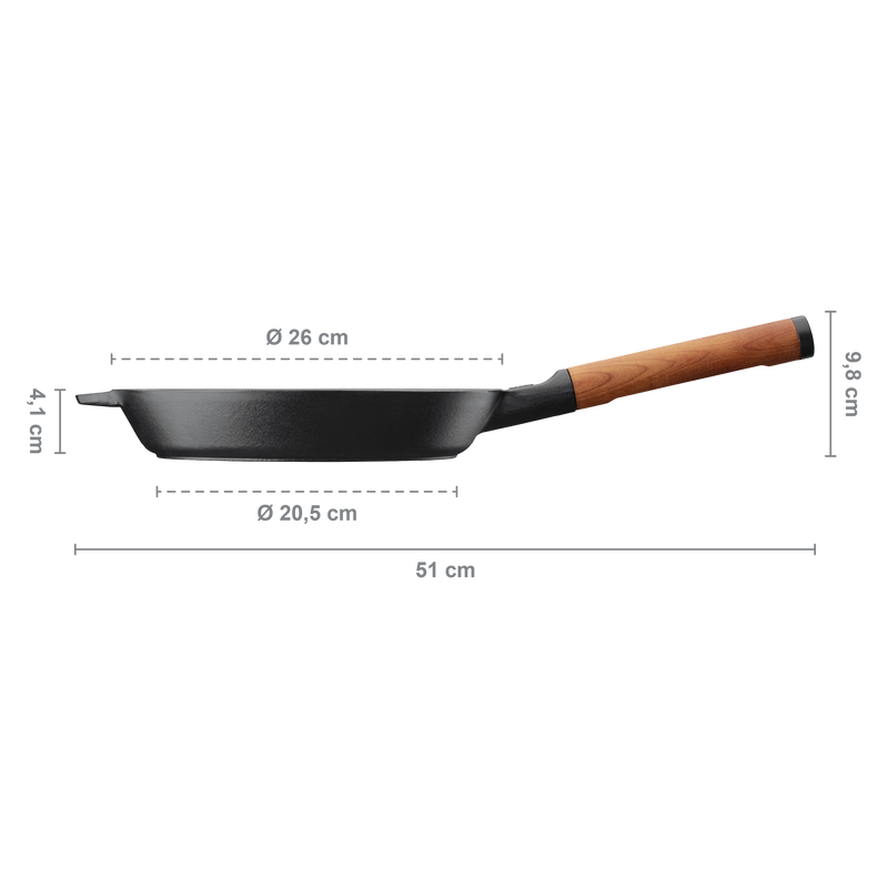 Black frying pan with wooden handle and dimensions labeled on a white background
