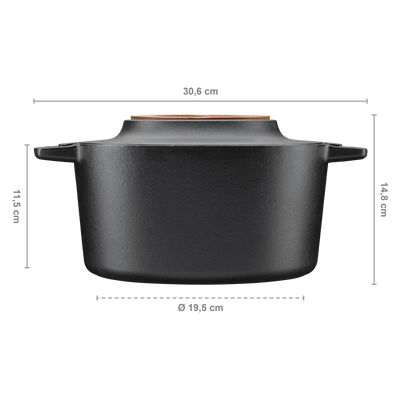 Black ceramic pot with dimensions indicated on a white background
