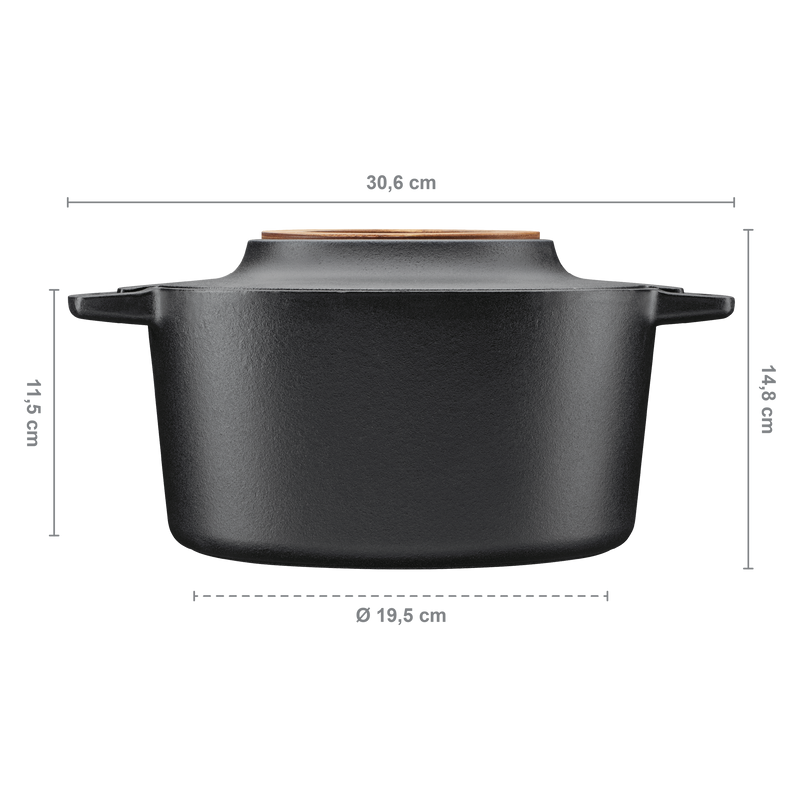 Black ceramic pot with dimensions indicated on a white background