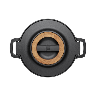 Black lid with wooden center and handles on a white background