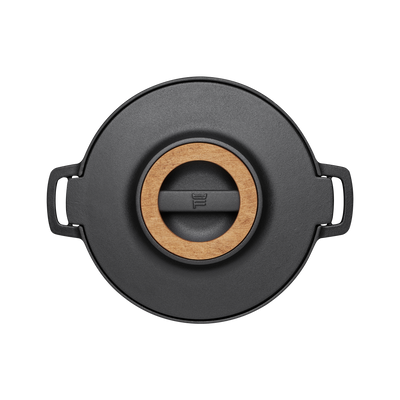 Black lid with wooden center and handles on a white background