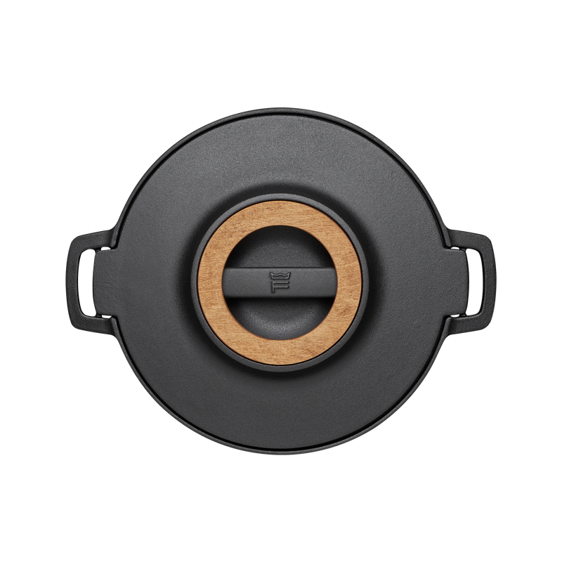 Black lid with wooden center and handles on a white background