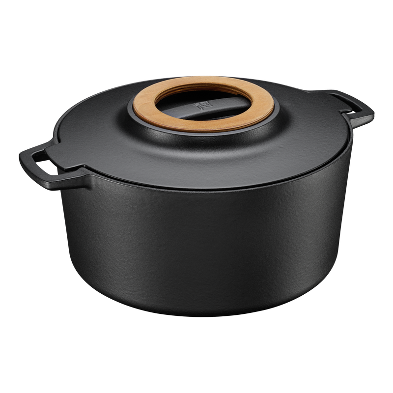 Black cast iron pot with wooden handle on a white background