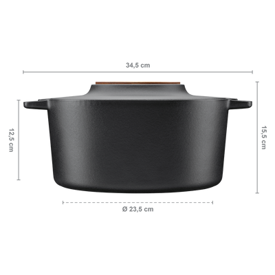 Black pot with dimensions labeled on a white background