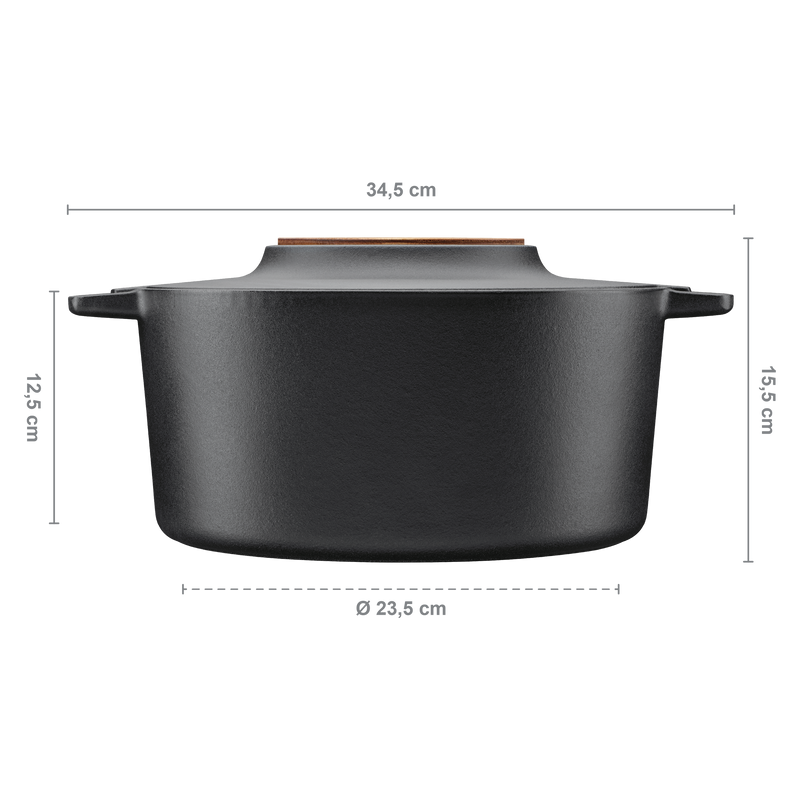Black pot with dimensions labeled on a white background