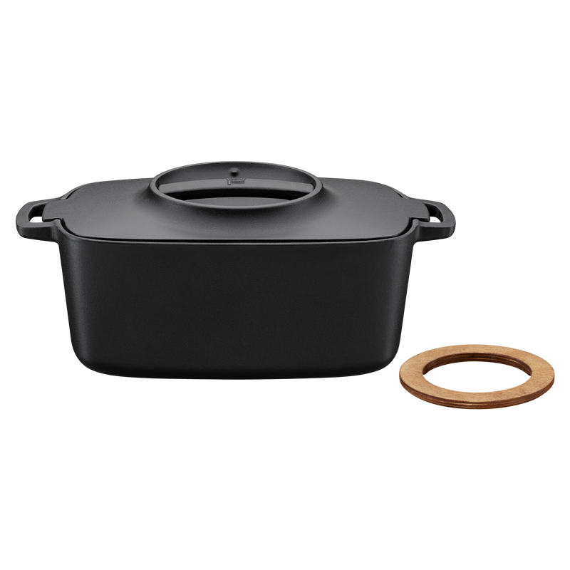 Black rectangular pot with a wooden ring on a white background