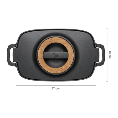 Black rectangular dish with wooden center and handles, dimensions indicated.