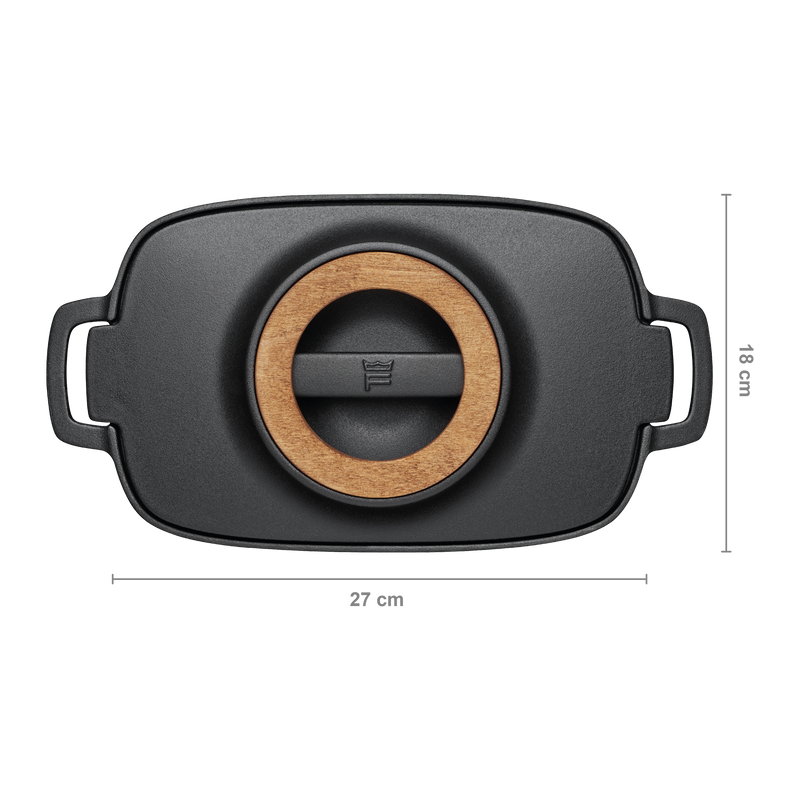 Black rectangular dish with wooden center and handles, dimensions indicated.