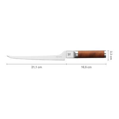Knife with wooden handle and measurements on a white background