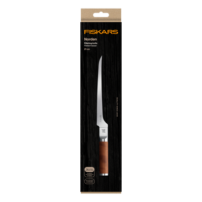 Fiskars Norden filleting knife packaging on a white background