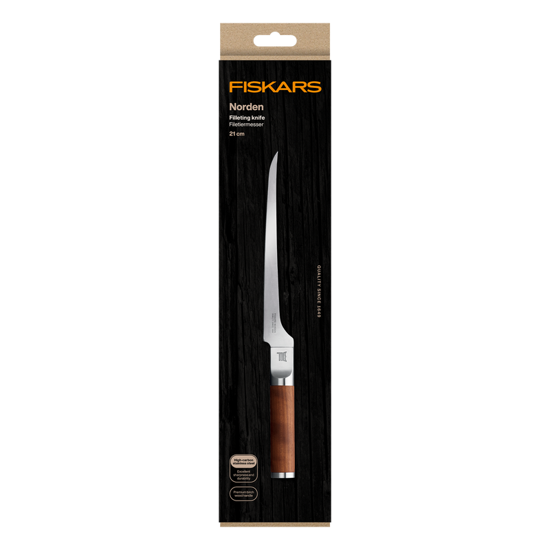 Fiskars Norden filleting knife packaging on a white background