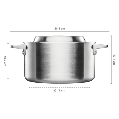 Stainless steel pot with dimensions labeled on a white background
