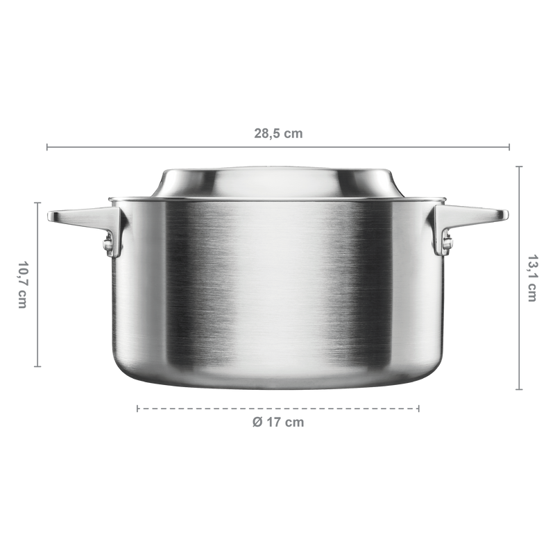 Stainless steel pot with dimensions labeled on a white background