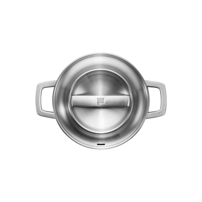 Stainless steel pot with lid on a white background