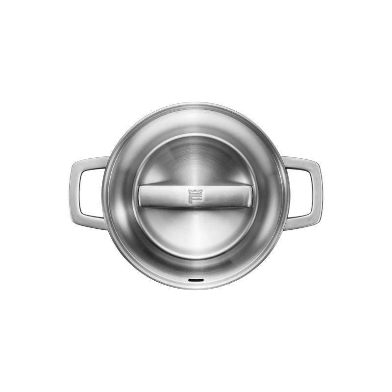 Stainless steel pot with lid on a white background