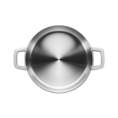 Stainless steel pot with two handles on a white background